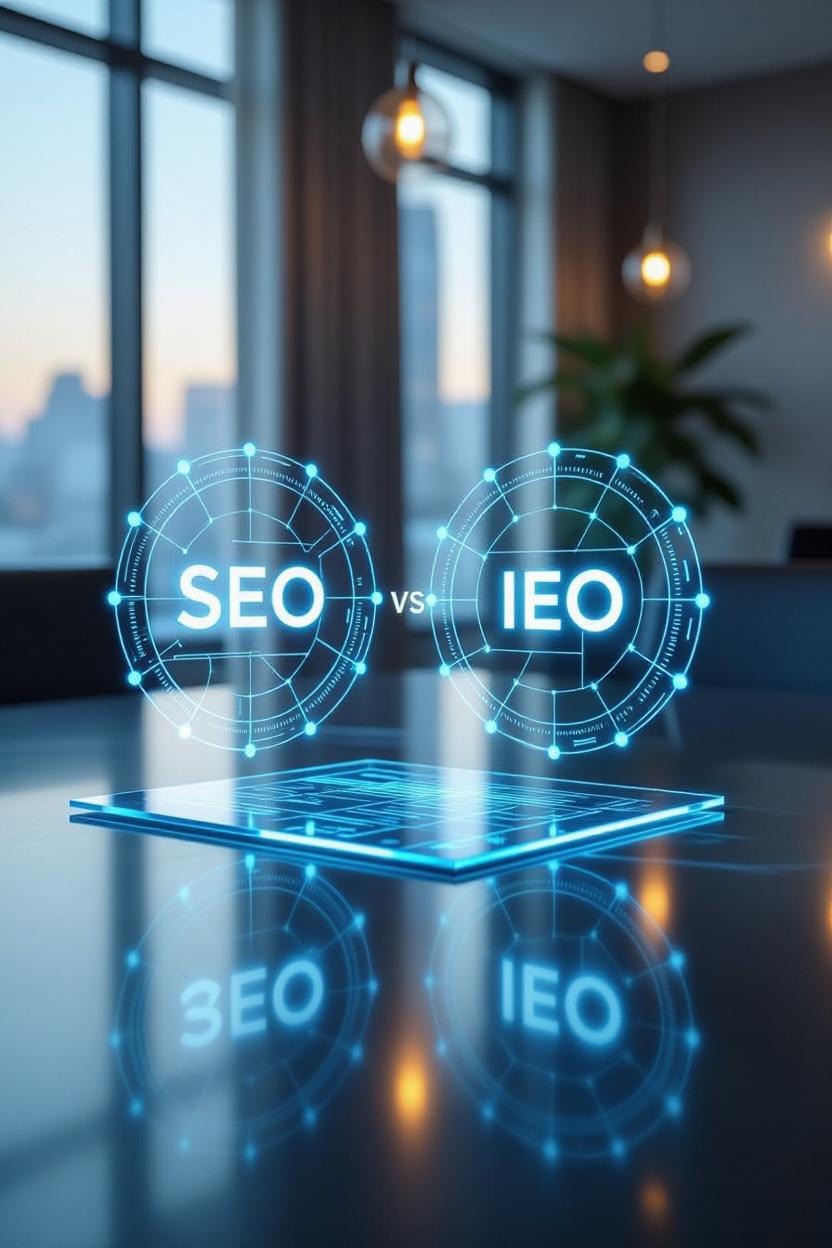 Step-by-step SEO vs IEO implementation process showing business owner working on integrated digital strategy