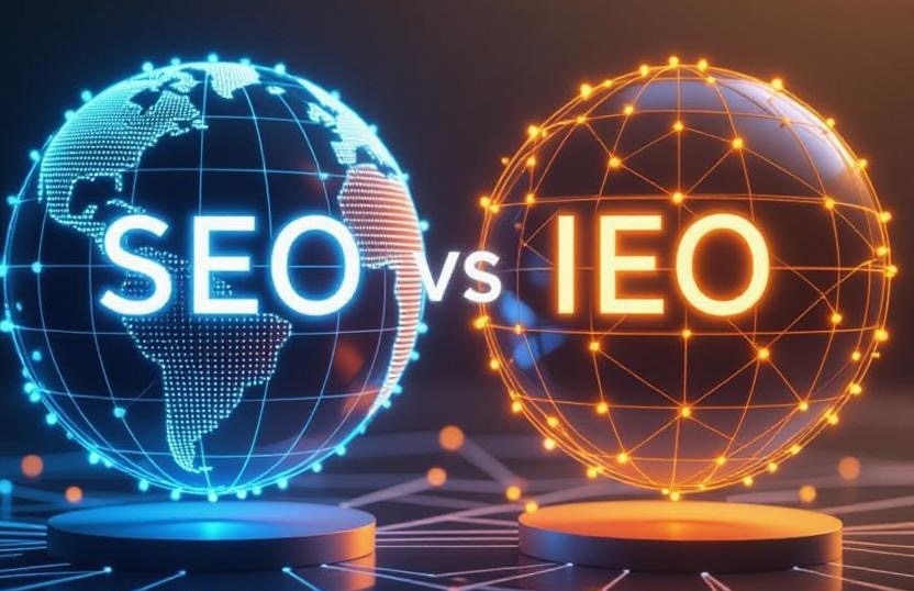 SEO vs IEO comparison showing traditional search results and AI-powered answer engines