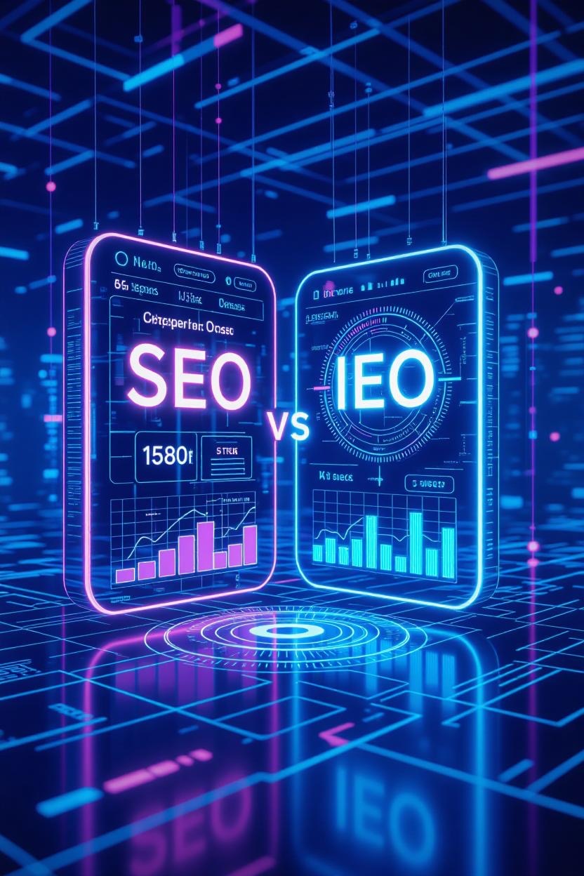 Futuristic digital marketing concept showing SEO vs IEO integration with AI technology and search evolution